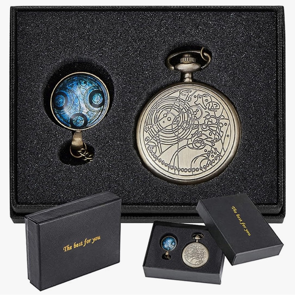 Vintage Style Bronze Dr Who Retro Quartz Pocket Watch w/ Necklace & Gif…